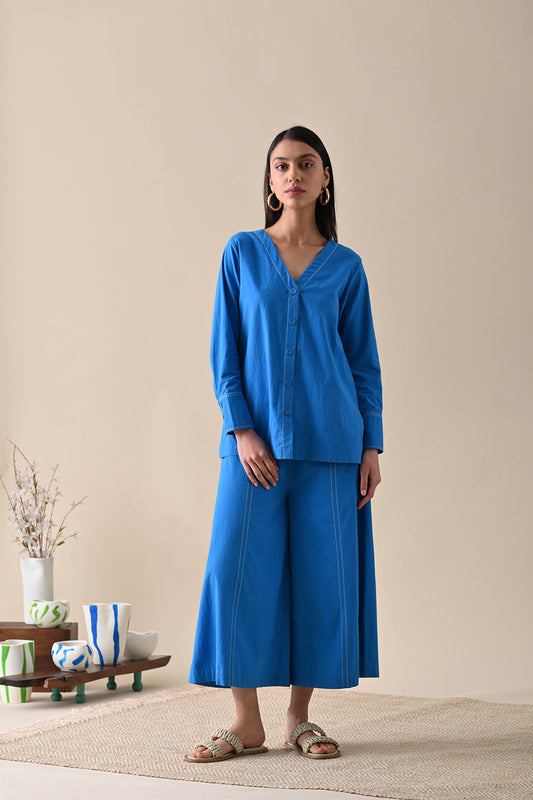 Blue Co-ord Set by Kanelle with Blue, Casual Wear, Co-ord Sets, For Mother, For Mother W, July Sale, Life in Colour by Kanelle, Lounge Wear Co-ords, Natural with azo dyes, Organic Cotton, Regular Fit, Solids, Travel Co-ords, Womenswear at Kamakhyaa for sustainable fashion