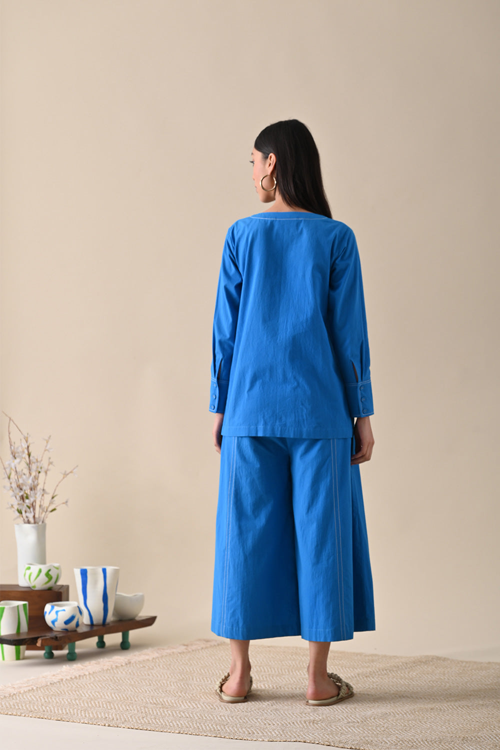 Blue Co-ord Set by Kanelle with Blue, Casual Wear, Co-ord Sets, For Mother, For Mother W, July Sale, Life in Colour by Kanelle, Lounge Wear Co-ords, Natural with azo dyes, Organic Cotton, Regular Fit, Solids, Travel Co-ords, Womenswear at Kamakhyaa for sustainable fashion