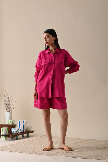Pink Co-ord Set at Kamakhyaa by Kanelle. This item is Casual Wear, Co-ord Sets, Cotton Hemp, For Siblings, July Sale, Life in Colours, Natural with azo dyes, Pink, Relaxed Fit, Short Sets, Solids, Travel, Travel Co-ords, Womenswear