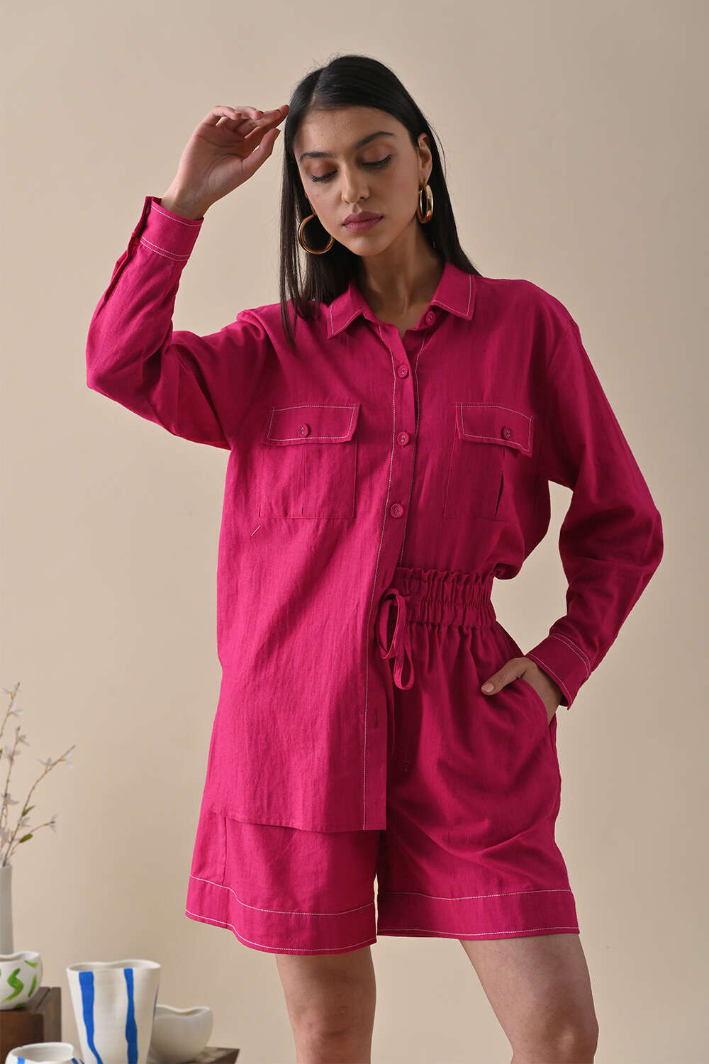 Pink Co-ord Set at Kamakhyaa by Kanelle. This item is Casual Wear, Co-ord Sets, Cotton Hemp, For Siblings, July Sale, Life in Colours, Natural with azo dyes, Pink, Relaxed Fit, Short Sets, Solids, Travel, Travel Co-ords, Womenswear
