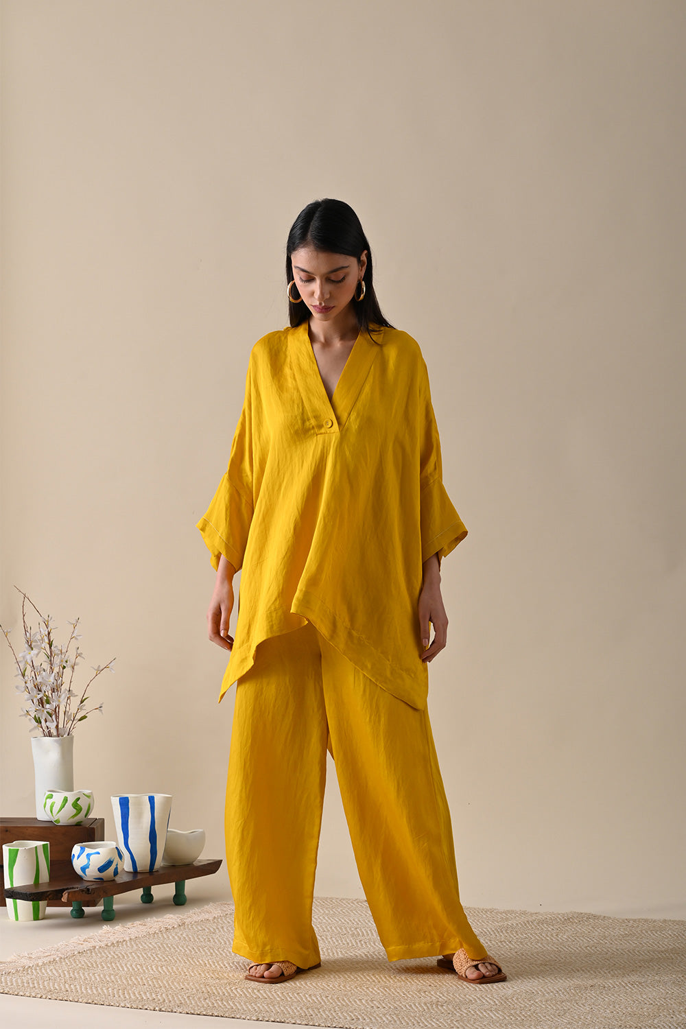 Yellow Co-ord Set at Kamakhyaa by Kanelle. This item is Best Selling, Casual Wear, Co-ord Sets, For Mother, For Mother W, July Sale, Life in Colours, Linen Satin, Lounge Wear Co-ords, Natural with azo dyes, Relaxed Fit, Solids, Vacation Co-ords, Womenswear, Yellow
