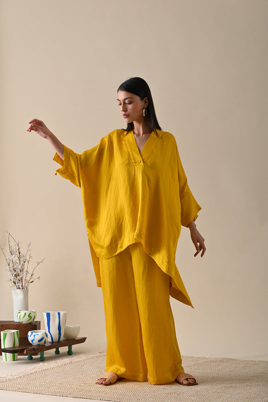 Yellow Co-ord Set by Kanelle with Best Selling, Casual Wear, Co-ord Sets, For Mother, For Mother W, July Sale, Life in Colour by Kanelle, Linen Satin, Lounge Wear Co-ords, Natural with azo dyes, Relaxed Fit, Solids, Vacation Co-ords, Womenswear, Yellow at Kamakhyaa for sustainable fashion