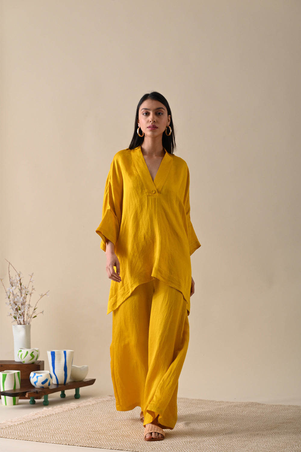 Yellow Tunic Top at Kamakhyaa by Kanelle. This item is Best Selling, Casual Wear, For Mother, For Mother W, July Sale, kaftan Tops, Life in Colours, Linen Satin, Relaxed Fit, Solids, Womenswear, Yellow