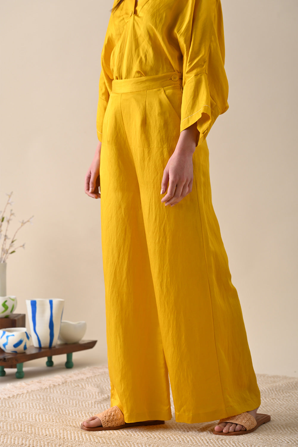 Yellow Palazzo Pant by Kanelle with Casual Wear, July Sale, Life in Colour by Kanelle, Linen Satin, Natural with azo dyes, Palazzo Pants, Regular Fit, Solids, Womenswear, Yellow at Kamakhyaa for sustainable fashion