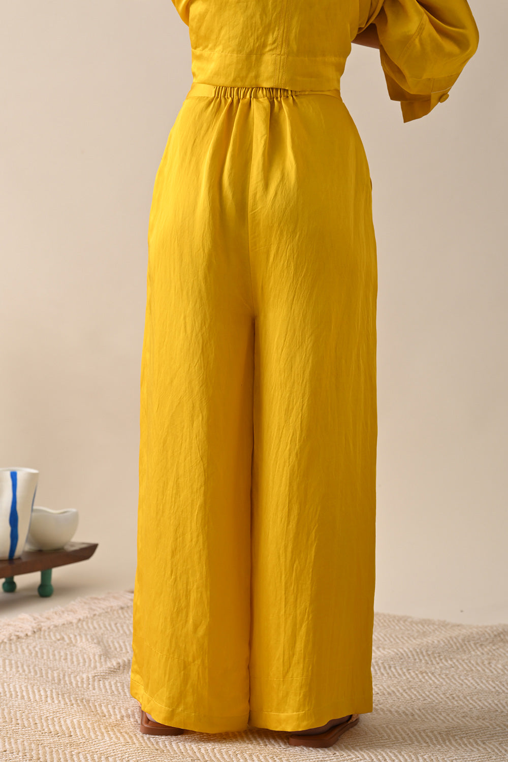 Yellow Palazzo Pant by Kanelle with Casual Wear, July Sale, Life in Colour by Kanelle, Linen Satin, Natural with azo dyes, Palazzo Pants, Regular Fit, Solids, Womenswear, Yellow at Kamakhyaa for sustainable fashion
