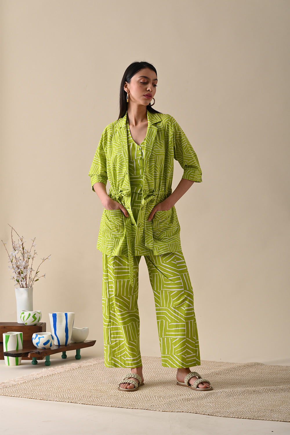 Olive Printed Co-ord Set by Kanelle with 100% Cotton, Best Selling, Casual Wear, Co-ord Sets, July Sale, Life in Colour by Kanelle, Natural with azo dyes, Office Wear Co-ords, Olive Green, Prints, Relaxed Fit, Vacation, Vacation Co-ords, Womenswear at Kamakhyaa for sustainable fashion