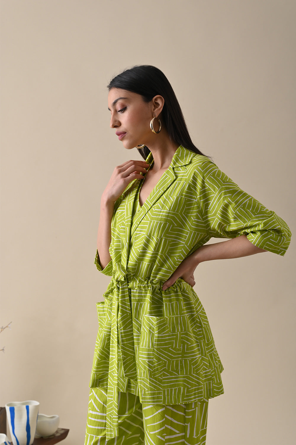 Olive Printed Jacket by Kanelle with 100% Cotton, Blazers, Casual Wear, July Sale, Life in Colour by Kanelle, Natural with azo dyes, Olive Green, Prints, Regular Fit, Womenswear at Kamakhyaa for sustainable fashion
