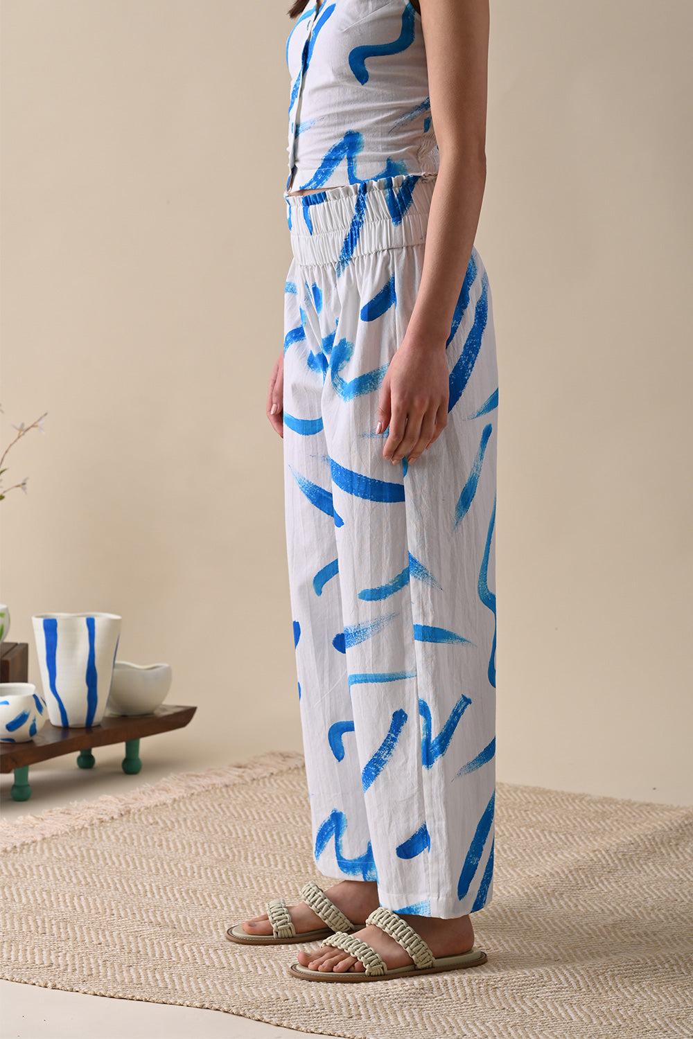 Blue Printed Trouser by Kanelle with 100% Cotton, Casual Wear, July Sale, Life in Colour by Kanelle, Natural with azo dyes, Prints, Regular Fit, Trousers, White, Womenswear at Kamakhyaa for sustainable fashion