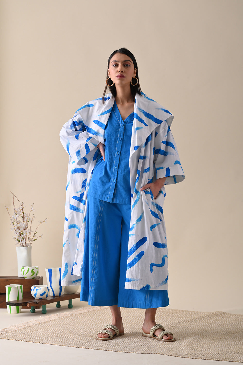 White Printed Coat by Kanelle with Coats, July Sale, Life in Colour by Kanelle, Natural with azo dyes, Organic Cotton, Prints, Relaxed Fit, Resort Wear, White, Womenswear at Kamakhyaa for sustainable fashion