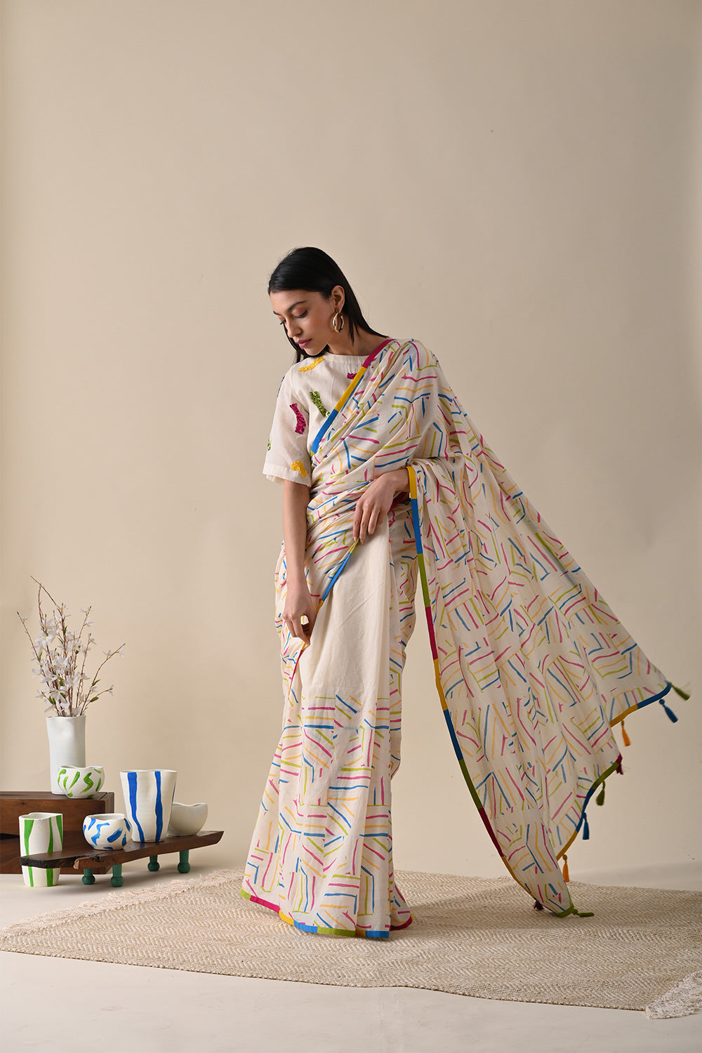 Multicolor Saree by Kanelle with Festive Wear, Indian Wear, July Sale, Life in Colour by Kanelle, Mulmul, Multicolor, Natural with azo dyes, Prints, Regular Fit, Sarees, Womenswear at Kamakhyaa for sustainable fashion