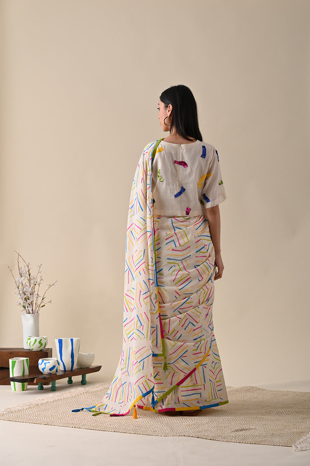 Multicolor Saree by Kanelle with Festive Wear, Indian Wear, July Sale, Life in Colour by Kanelle, Mulmul, Multicolor, Natural with azo dyes, Prints, Regular Fit, Sarees, Womenswear at Kamakhyaa for sustainable fashion