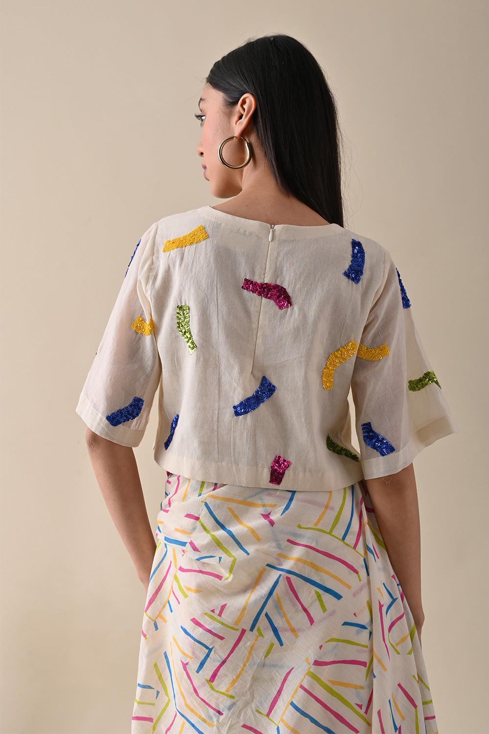 Multicolor Blouse by Kanelle with Festive Wear, Indian Wear, July Sale, Life in Colour by Kanelle, Mulmul, Multicolor, Natural with azo dyes, Relaxed Fit, Saree Blouses, Textured, Womenswear at Kamakhyaa for sustainable fashion
