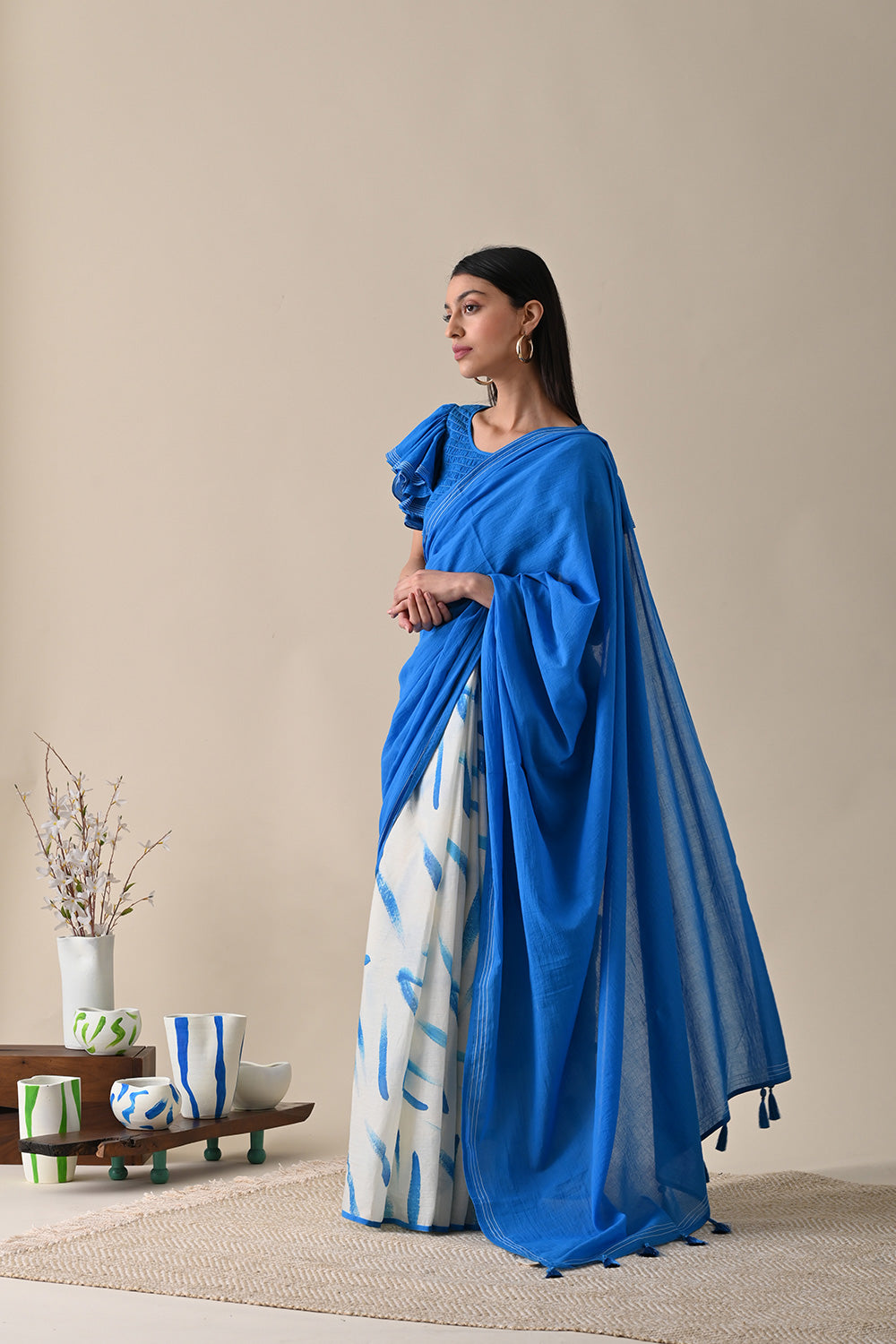 Blue Printed Saree by Kanelle with Blue, Festive Wear, July Sale, Life in Colour by Kanelle, Mulmul, Natural with azo dyes, Prints, Regular Fit, Sarees, Womenswear at Kamakhyaa for sustainable fashion