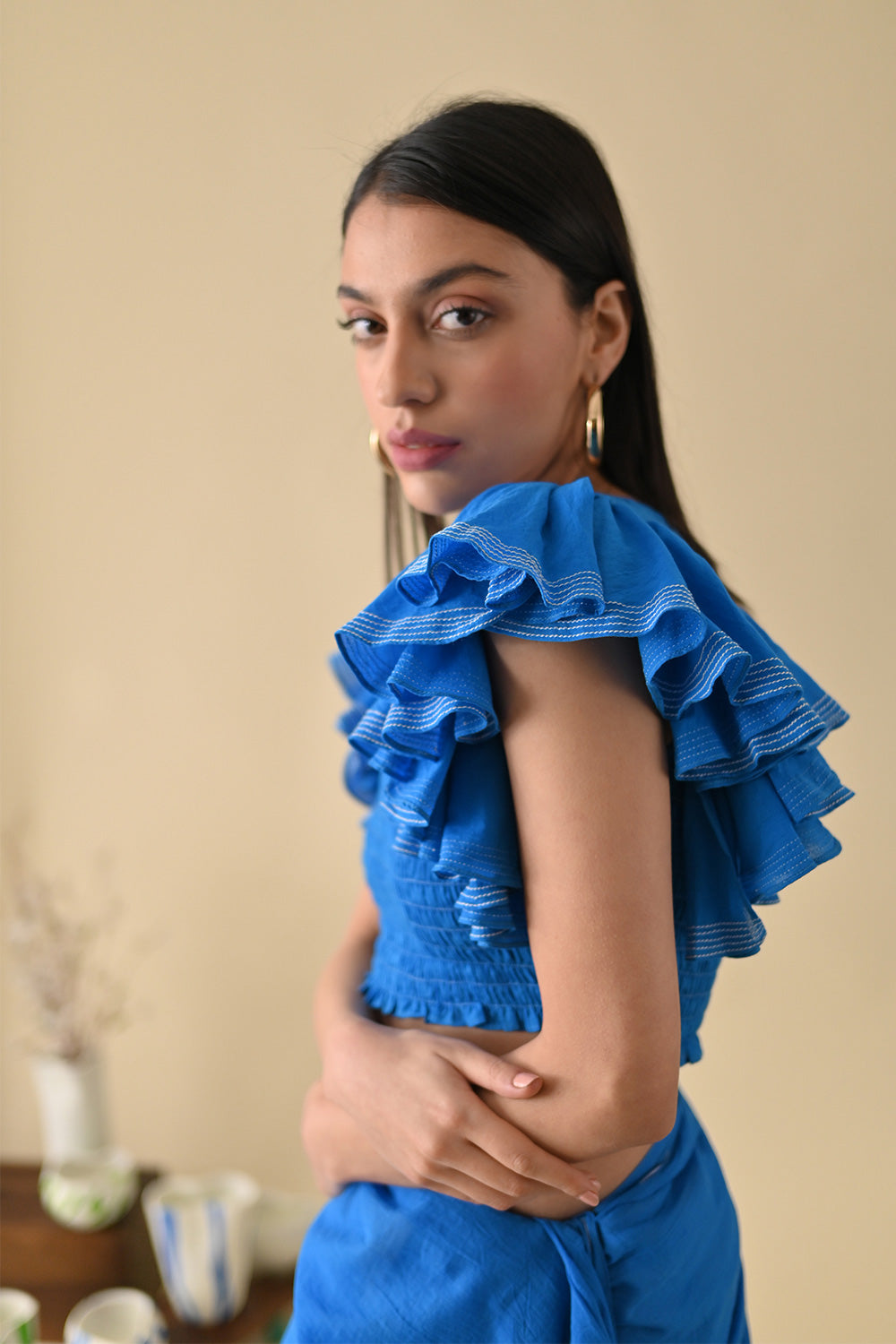 Blue Blouse by Kanelle with Blue, Festive Wear, Indian Wear, July Sale, Life in Colour by Kanelle, Mulmul, Natural with azo dyes, Regular Fit, Saree Blouses, Solids, Womenswear at Kamakhyaa for sustainable fashion