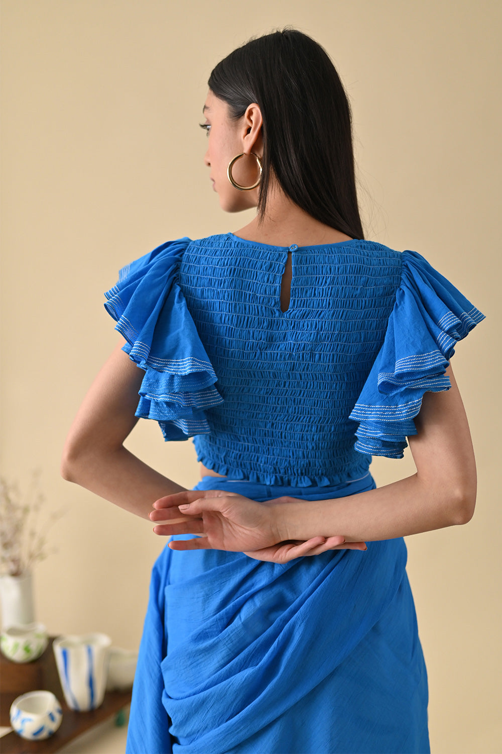 Blue Blouse by Kanelle with Blue, Festive Wear, Indian Wear, July Sale, Life in Colour by Kanelle, Mulmul, Natural with azo dyes, Regular Fit, Saree Blouses, Solids, Womenswear at Kamakhyaa for sustainable fashion