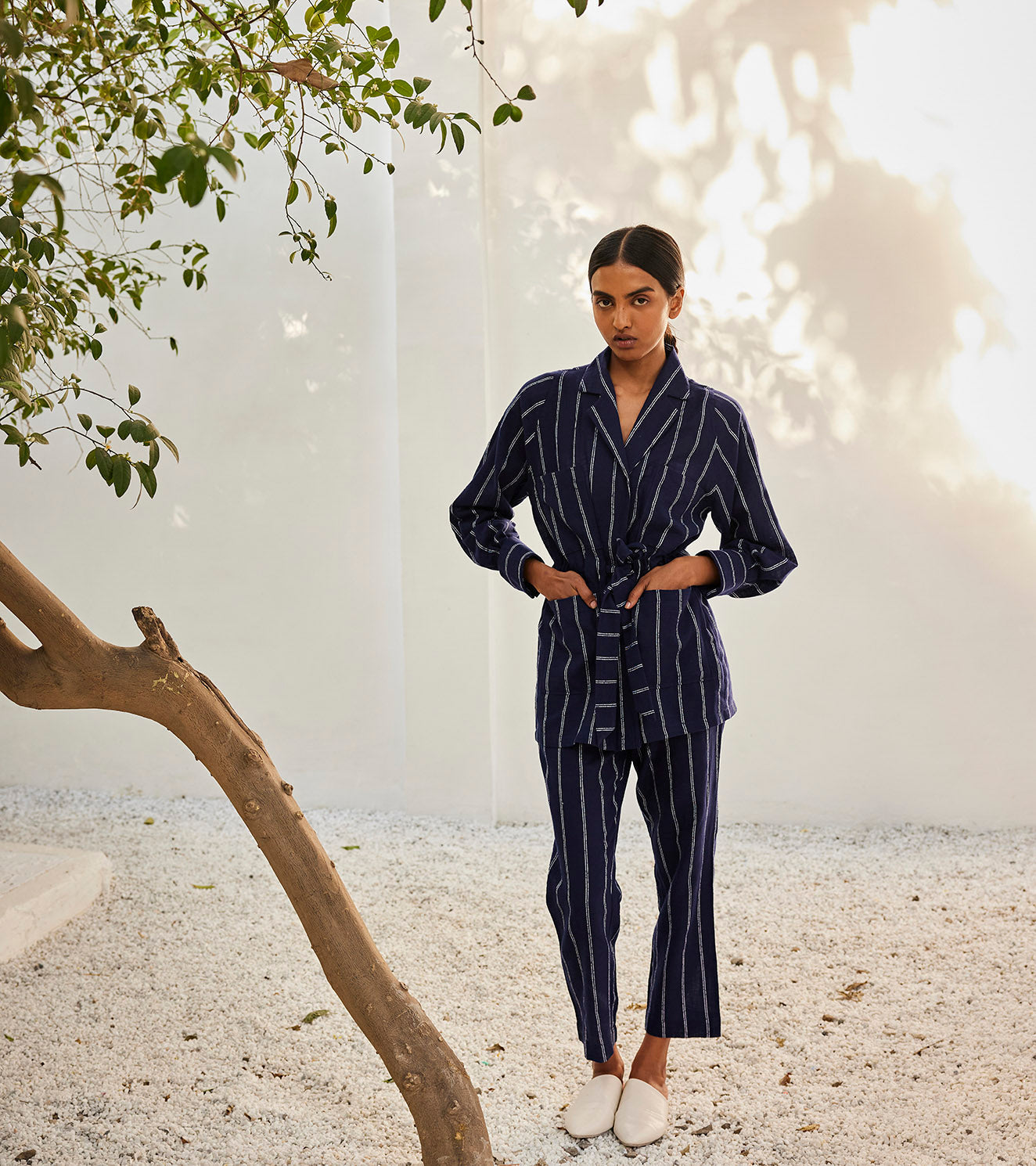 Talk to me co-ord set by Khara Kapas with Blue, Casual Wear, Co-ord Sets, Gauge Cotton, Office, Office Wear Co-ords, Oh Susanna by Khara Kapas, Organic, Regular Fit, Solids, Womenswear at Kamakhyaa for sustainable fashion