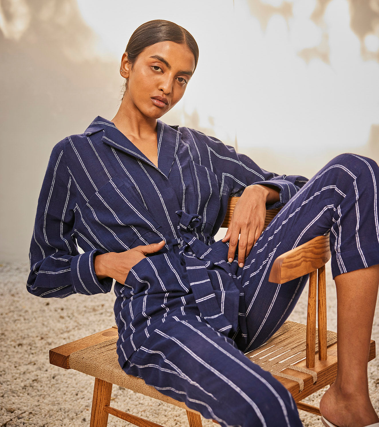 Talk to me co-ord set by Khara Kapas with Blue, Casual Wear, Co-ord Sets, Gauge Cotton, Office, Office Wear Co-ords, Oh Susanna by Khara Kapas, Organic, Regular Fit, Solids, Womenswear at Kamakhyaa for sustainable fashion