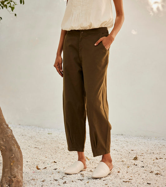 Olive Dreams Trouser by Khara Kapas with Casual Wear, Green, Oh Susanna by Khara Kapas, Organic, Regular Fit, Solids, Trousers, Twill Cotton, Womenswear at Kamakhyaa for sustainable fashion