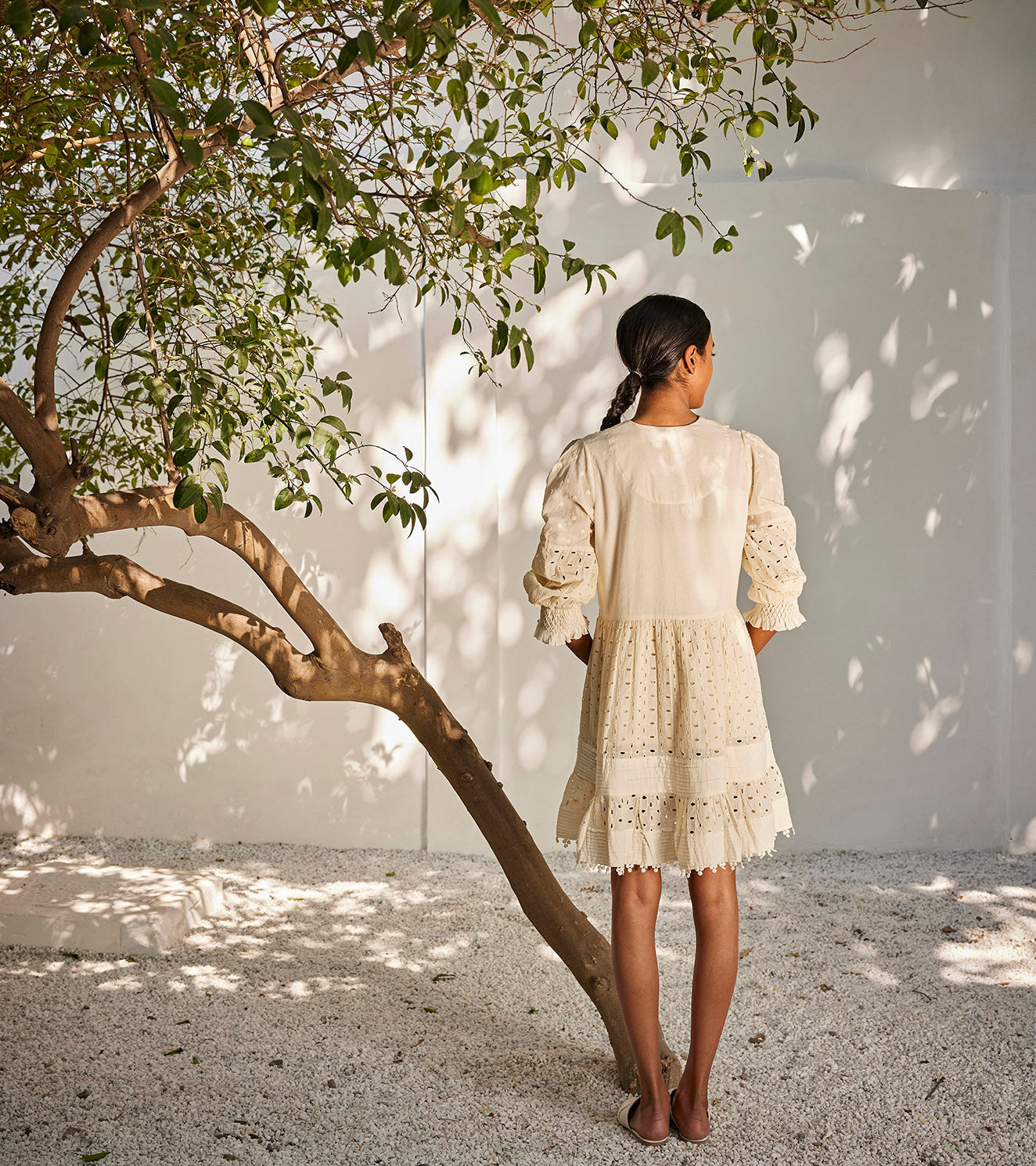 Dreaming of you dress by Khara Kapas with Best Selling, Casual Wear, For Birthday, Mini Dresses, Off-White, Oh Susanna by Khara Kapas, Organic, Regular Fit, Schiffli Cotton, Solids, Womenswear at Kamakhyaa for sustainable fashion