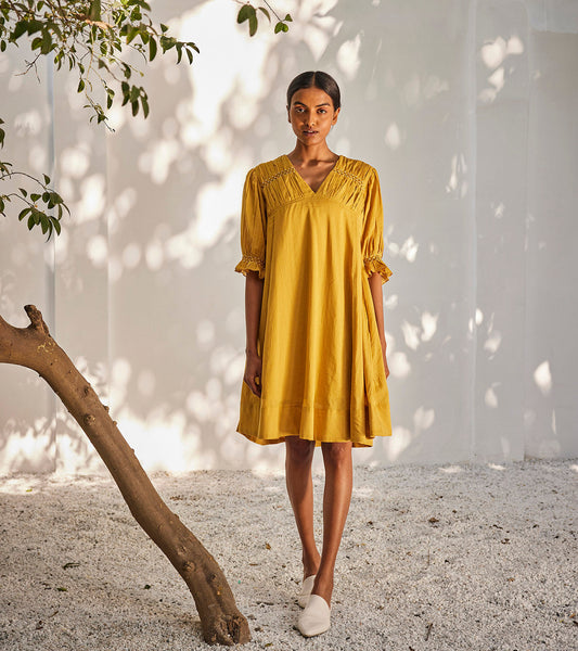 Warm afternoon dress by Khara Kapas with Casual Wear, Mini Dresses, Mul Cotton, Oh Susanna by Khara Kapas, Organic, Relaxed Fit, Solids, Tiered Dresses, Womenswear, Yellow at Kamakhyaa for sustainable fashion