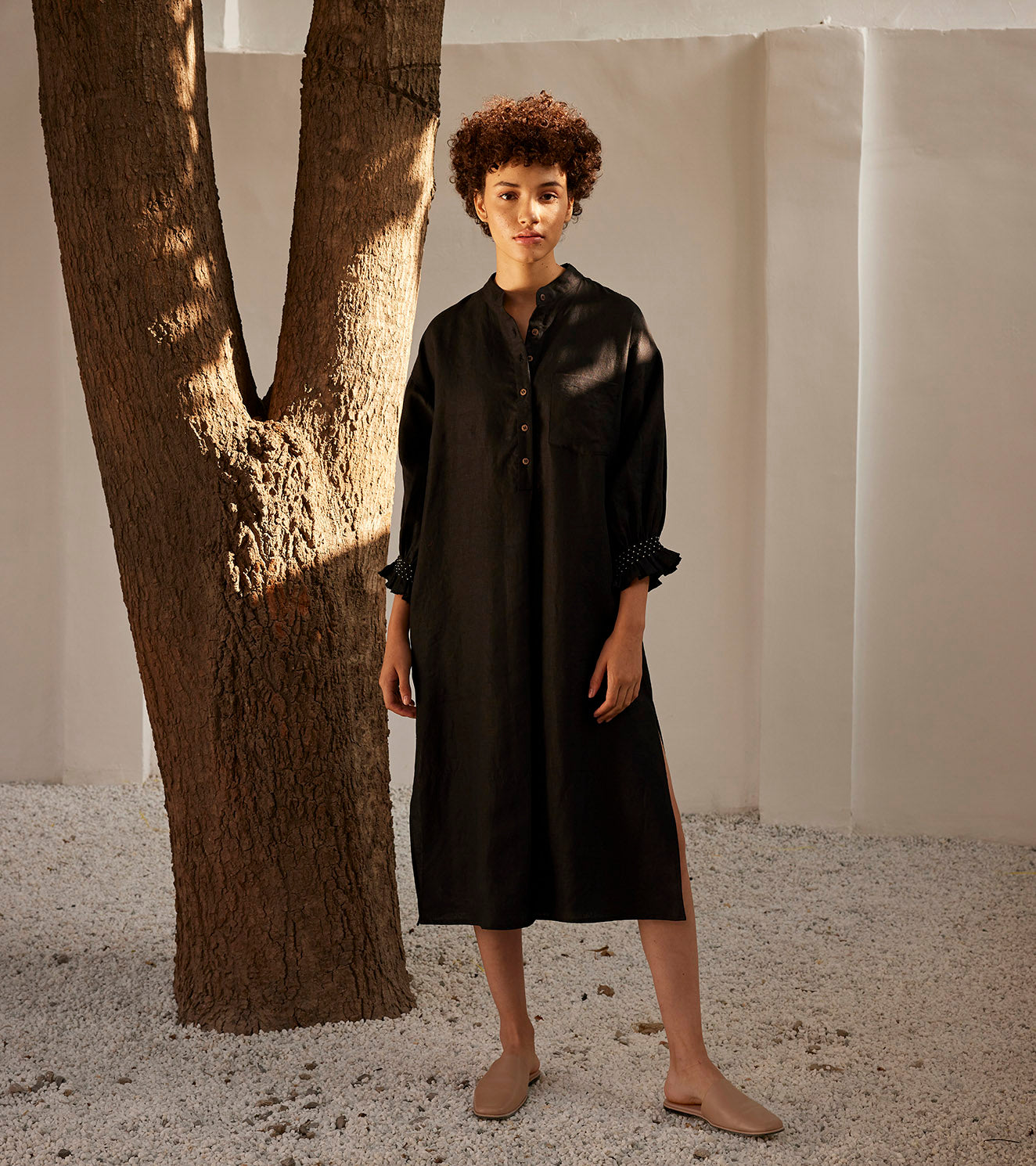 Eclipse Dress by Khara Kapas with Black, Casual Wear, Linen, Oh Susanna by Khara Kapas, Organic, Relaxed Fit, Shirt Dresses, Shirts, Solids, Womenswear at Kamakhyaa for sustainable fashion