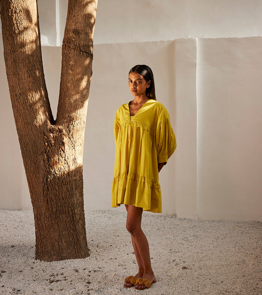 Marigold Dress by Khara Kapas with Casual Wear, Mini Dresses, Mul Cotton, Oh Susanna by Khara Kapas, Organic, Relaxed Fit, Solids, Tiered Dresses, Womenswear, Yellow at Kamakhyaa for sustainable fashion