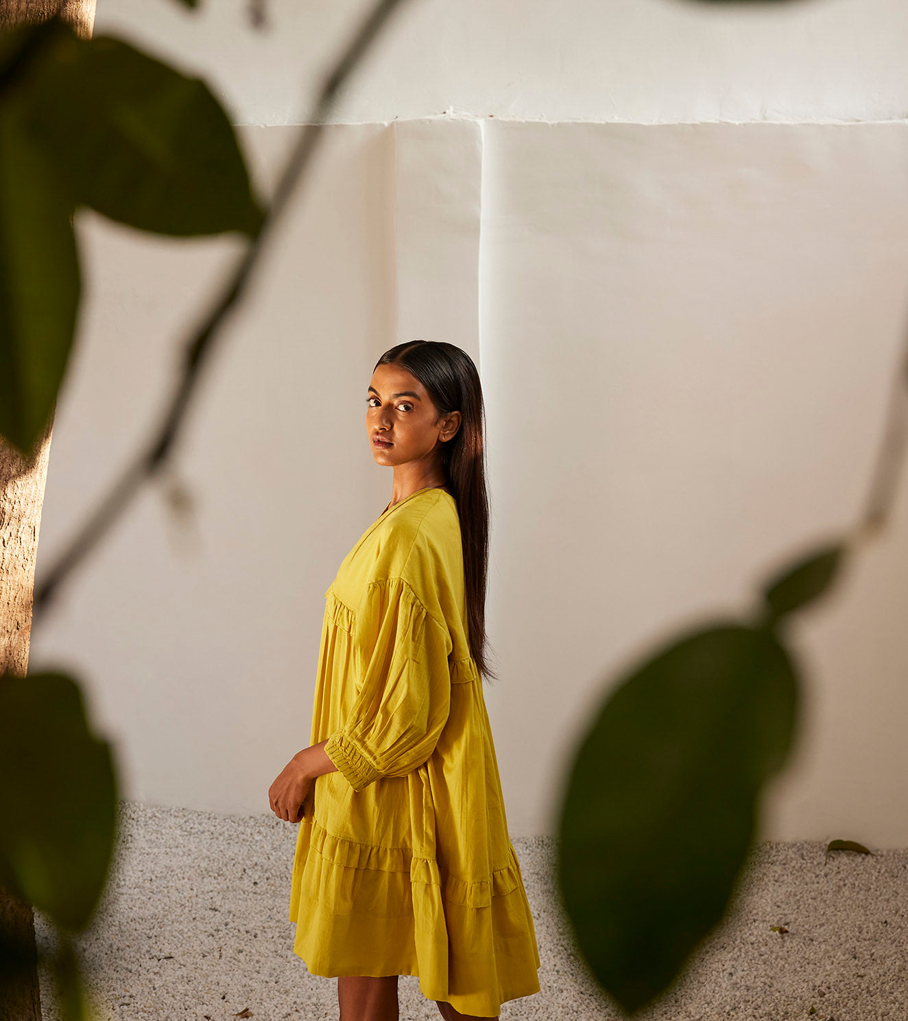 Marigold Dress by Khara Kapas with Casual Wear, Mini Dresses, Mul Cotton, Oh Susanna by Khara Kapas, Organic, Relaxed Fit, Solids, Tiered Dresses, Womenswear, Yellow at Kamakhyaa for sustainable fashion