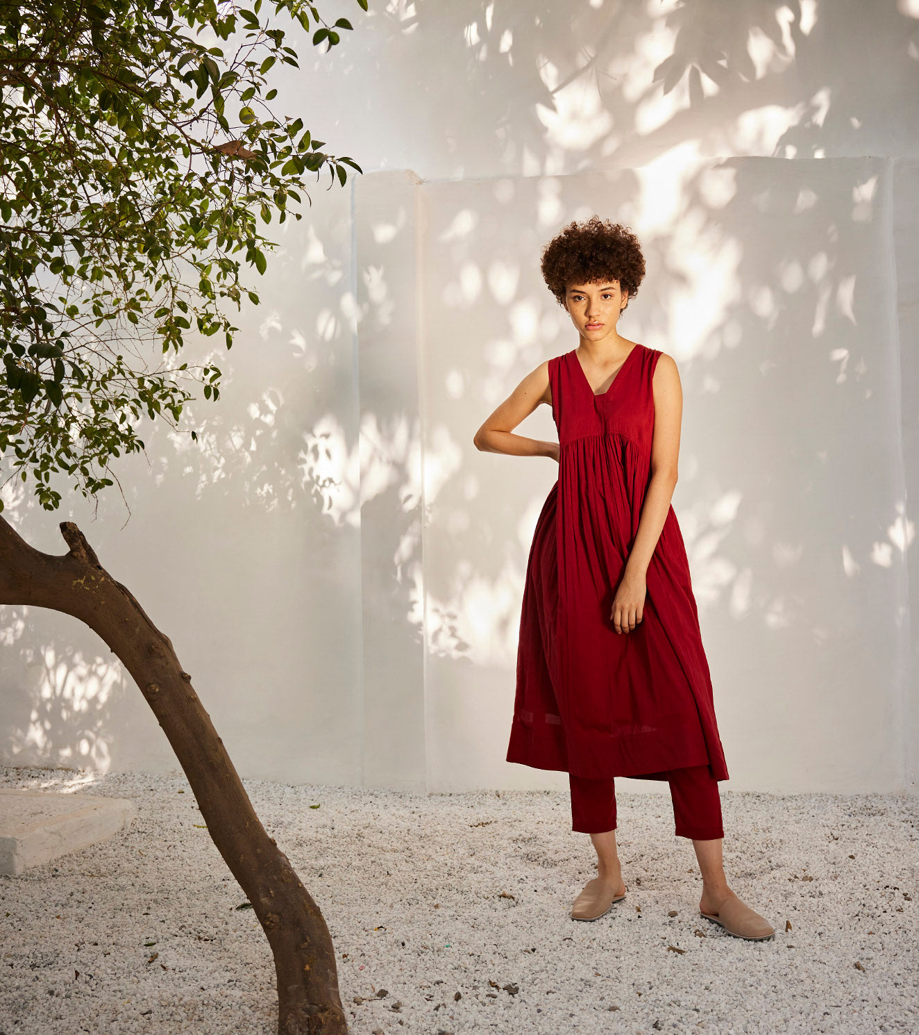 Scarlet Co-ord Set by Khara Kapas with Best Selling, Casual Wear, Co-ord Sets, Mul Cotton, Oh Susanna by Khara Kapas, Organic, Red, Regular Fit, Solids, Travel, Travel Co-ords, Womenswear at Kamakhyaa for sustainable fashion