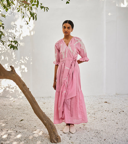Tale Untold Dress by Khara Kapas with Casual Wear, For Daughter, Lino Print, Maxi Dresses, Mul Cotton, Oh Susanna by Khara Kapas, Organic, Pink, Regular Fit, Solids, Womenswear, Wrap Dresses at Kamakhyaa for sustainable fashion