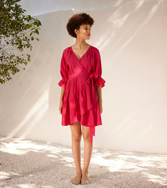 First Love Wrap Dress by Khara Kapas with Best Selling, Casual Wear, Double cotton, For Daughter, For Her, Mini Dresses, Oh Susanna by Khara Kapas, Organic, Pink, Relaxed Fit, Solids, Womenswear, Wrap Dresses at Kamakhyaa for sustainable fashion