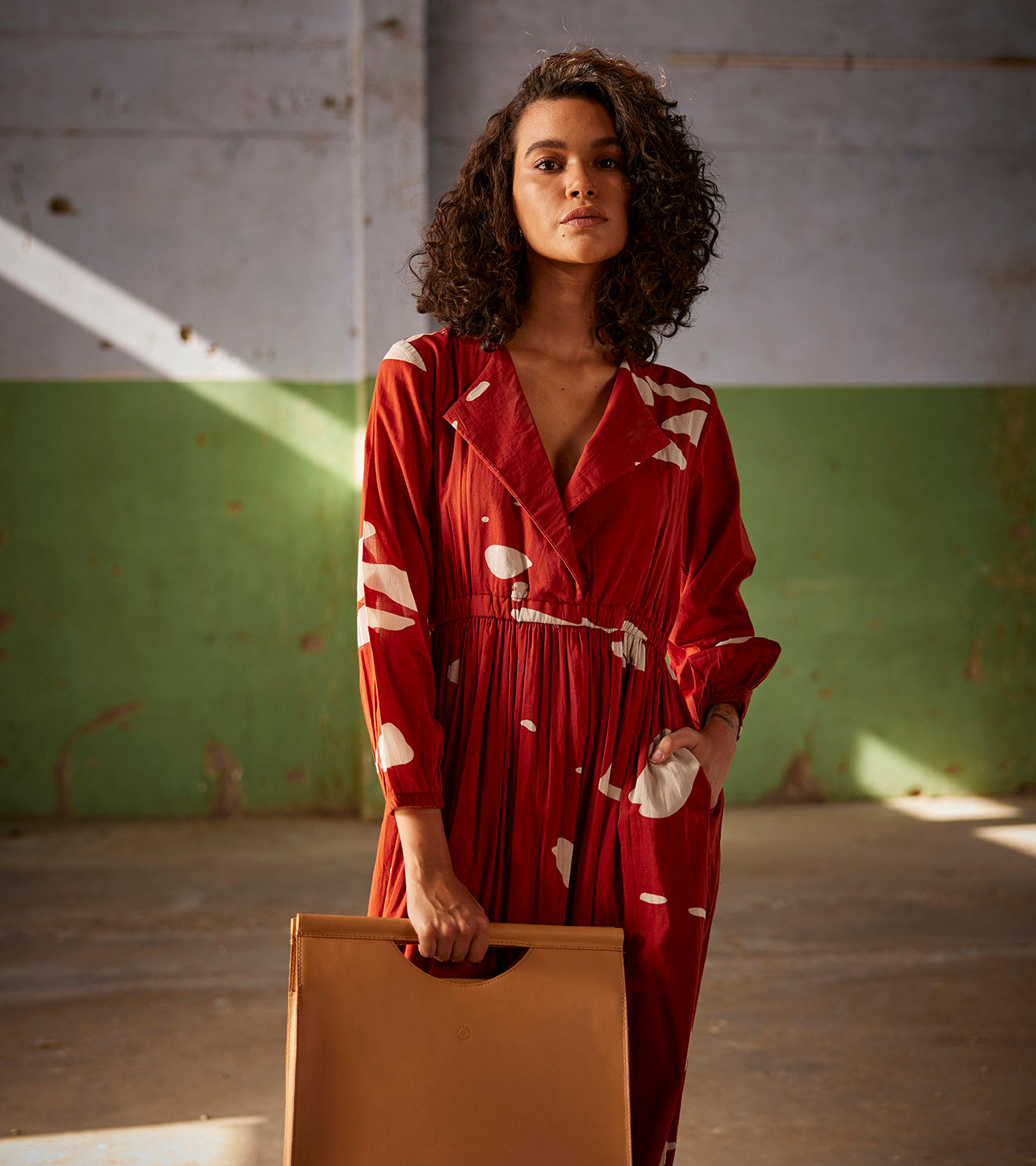 Red Mulmul Dress With Lapel Collar by Khara Kapas with An Indian Summer, An Indian Summer by Khara Kapas, Casual Wear, Dresses, Mulmul cotton, Organic, Prints, Red, Relaxed Fit, Womenswear at Kamakhyaa for sustainable fashion
