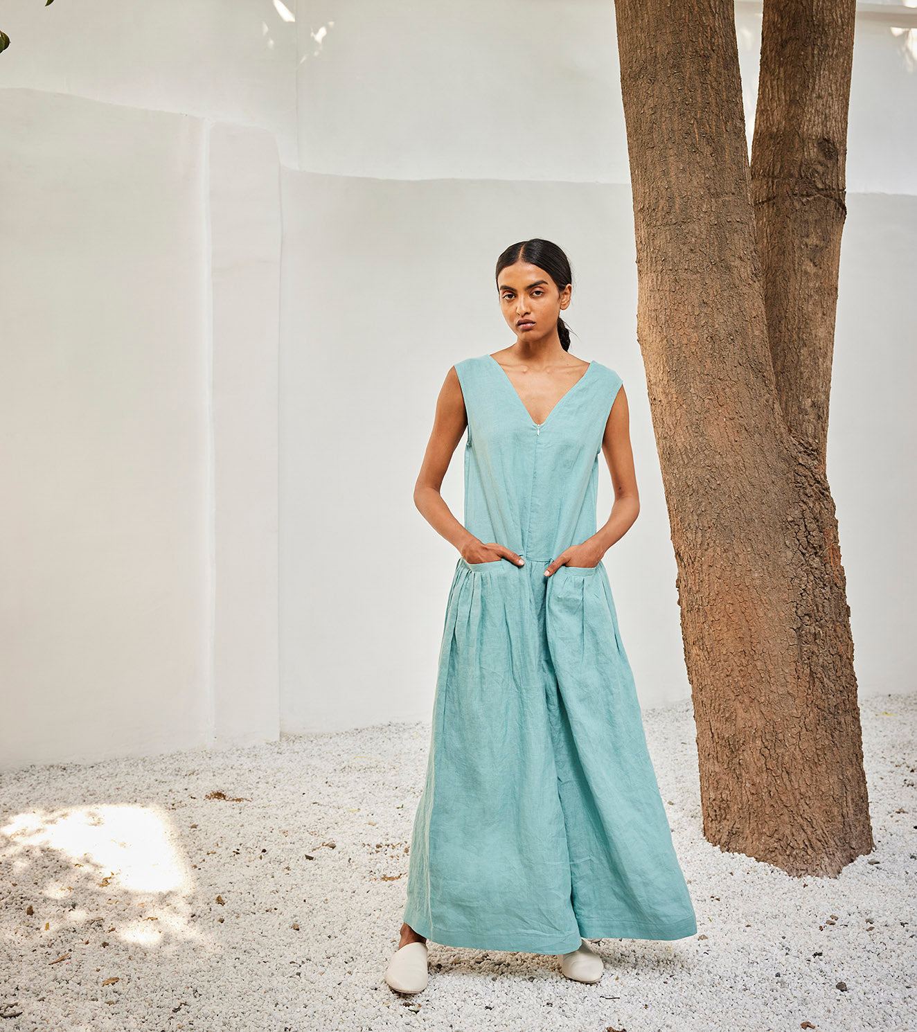 Morning sky jumpsuit by Khara Kapas with Blue, Casual Wear, Jumpsuits, Linen, Oh Susanna by Khara Kapas, Organic, Regular Fit, Solid Selfmade, Solids, Womenswear at Kamakhyaa for sustainable fashion