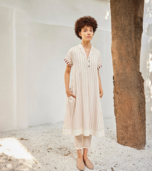 The Echo Co-ord Set by Khara Kapas with Casual Wear, Co-ord Sets, Mul Cotton, Off-White, Office Wear Co-ords, Oh Susanna by Khara Kapas, Organic, Regular Fit, Solids, Travel, Travel Co-ords, Womenswear at Kamakhyaa for sustainable fashion