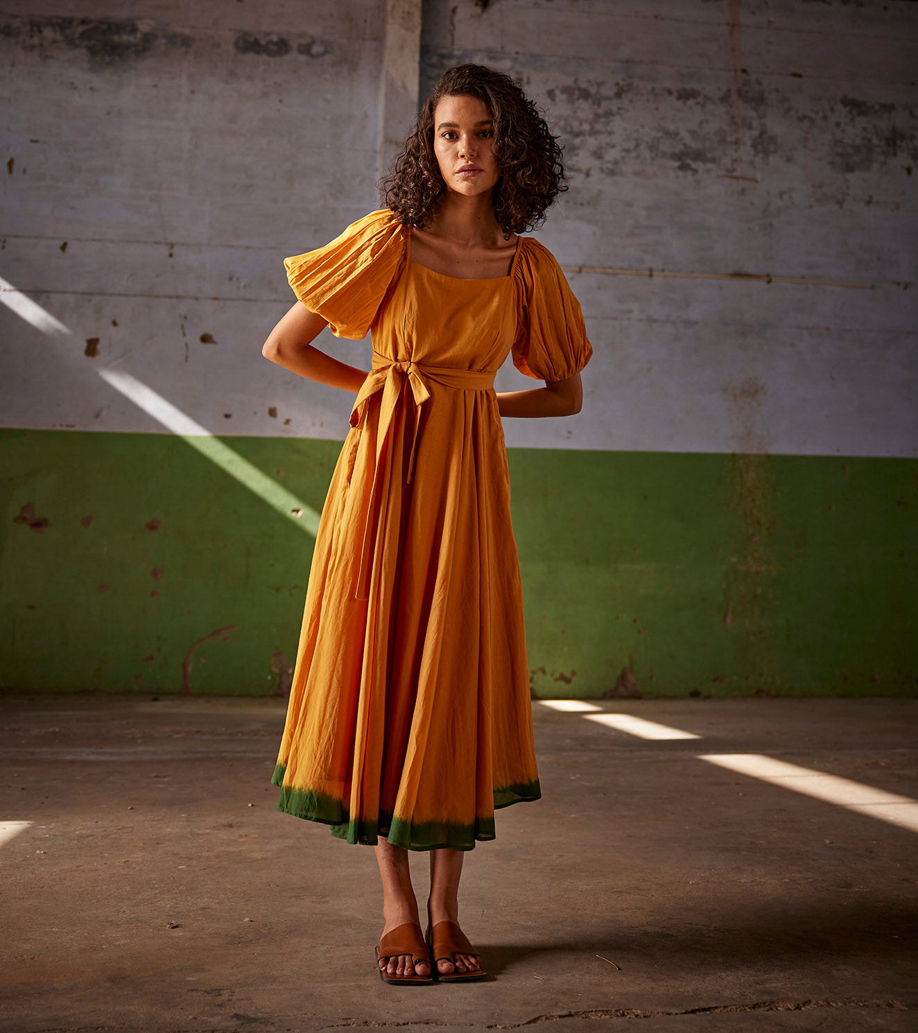 Orange Mulmul Midi Dress With Puff Sleeves by Khara Kapas with An Indian Summer, An Indian Summer by Khara Kapas, Casual Wear, Midi Dress, Mul-Cotton, Orange, Organic, Relaxed Fit, Solid, Womenswear at Kamakhyaa for sustainable fashion