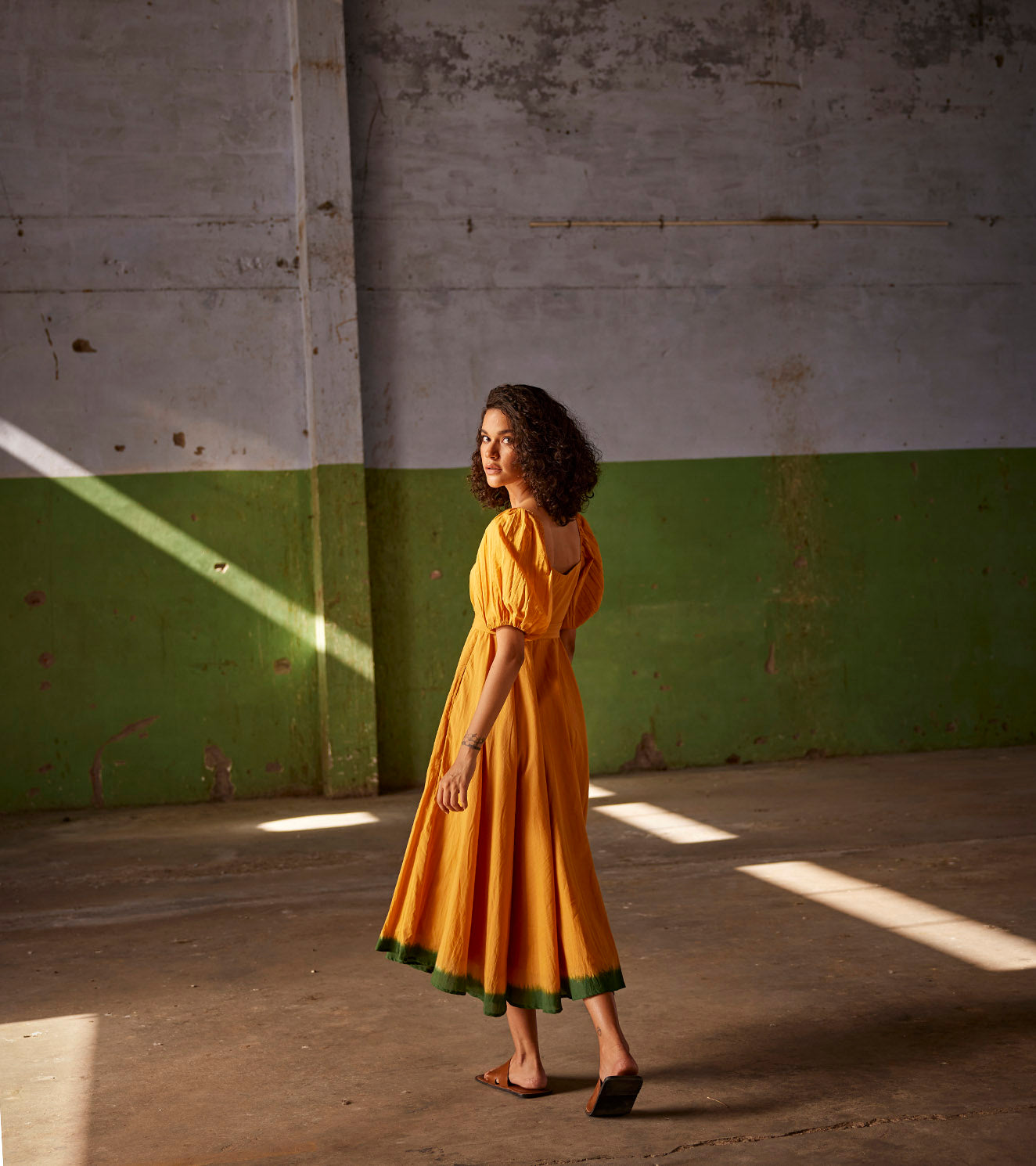 Orange Mulmul Midi Dress With Puff Sleeves by Khara Kapas with An Indian Summer, An Indian Summer by Khara Kapas, Casual Wear, Midi Dress, Mul-Cotton, Orange, Organic, Relaxed Fit, Solid, Womenswear at Kamakhyaa for sustainable fashion