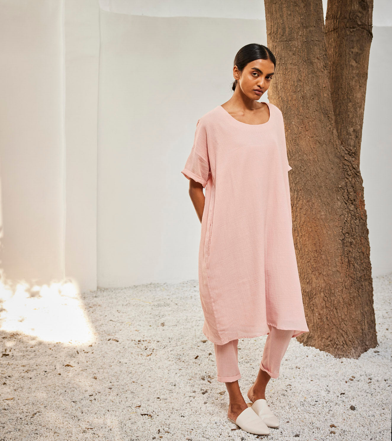 Heart Lock Co-ord Set by Khara Kapas with Casual Wear, Co-ord Sets, Gauge Cotton, Oh Susanna by Khara Kapas, Organic, Pink, Regular Fit, Solids, Travel, Travel Co-ords, Womenswear at Kamakhyaa for sustainable fashion