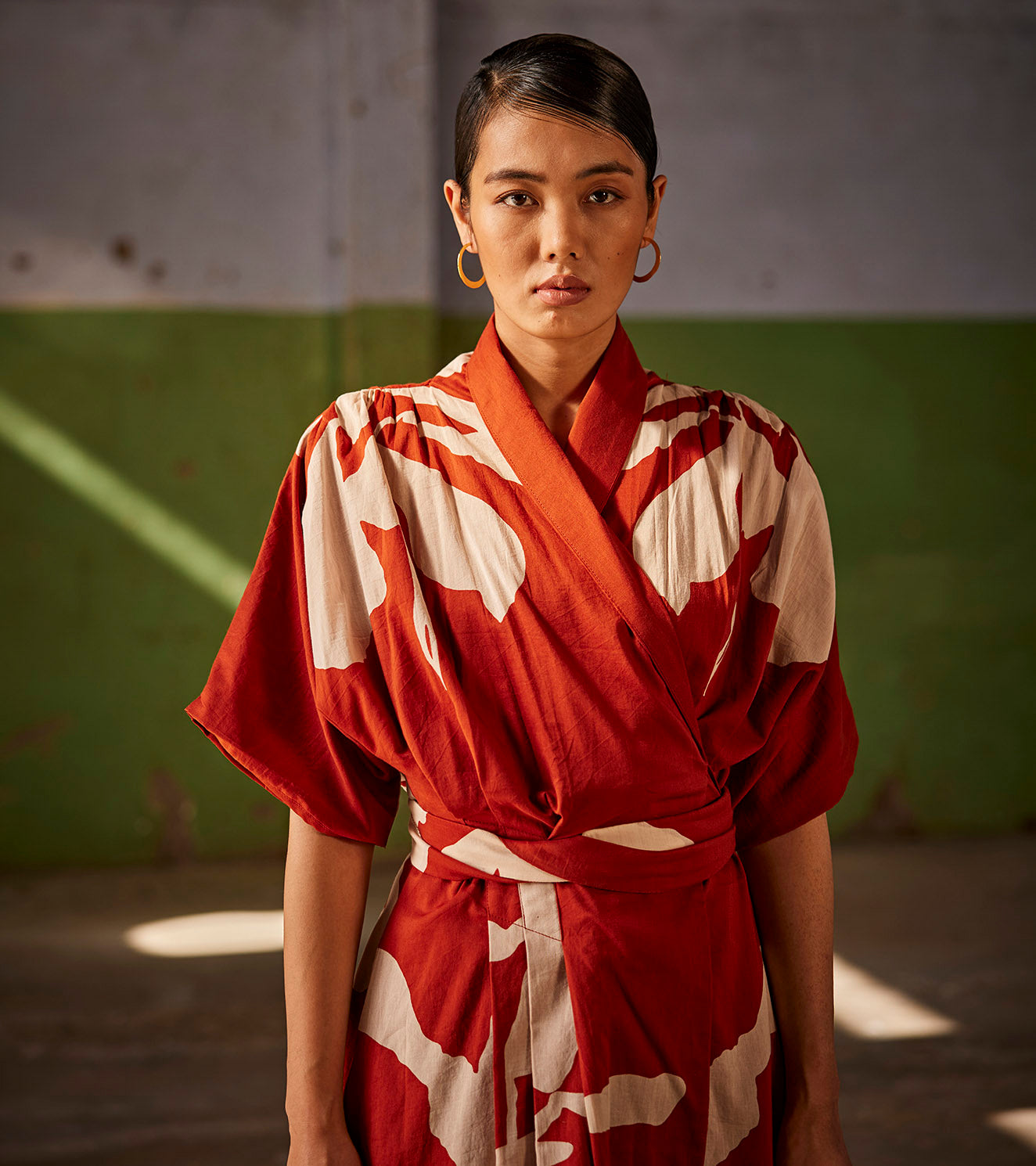 Red Floral Printed Dress With Shawl Collar by Khara Kapas with An Indian Summer, An Indian Summer by Khara Kapas, Casual Wear, Dresses, Mulmul cotton, Organic, Prints, Red, Relaxed Fit, Womenswear at Kamakhyaa for sustainable fashion