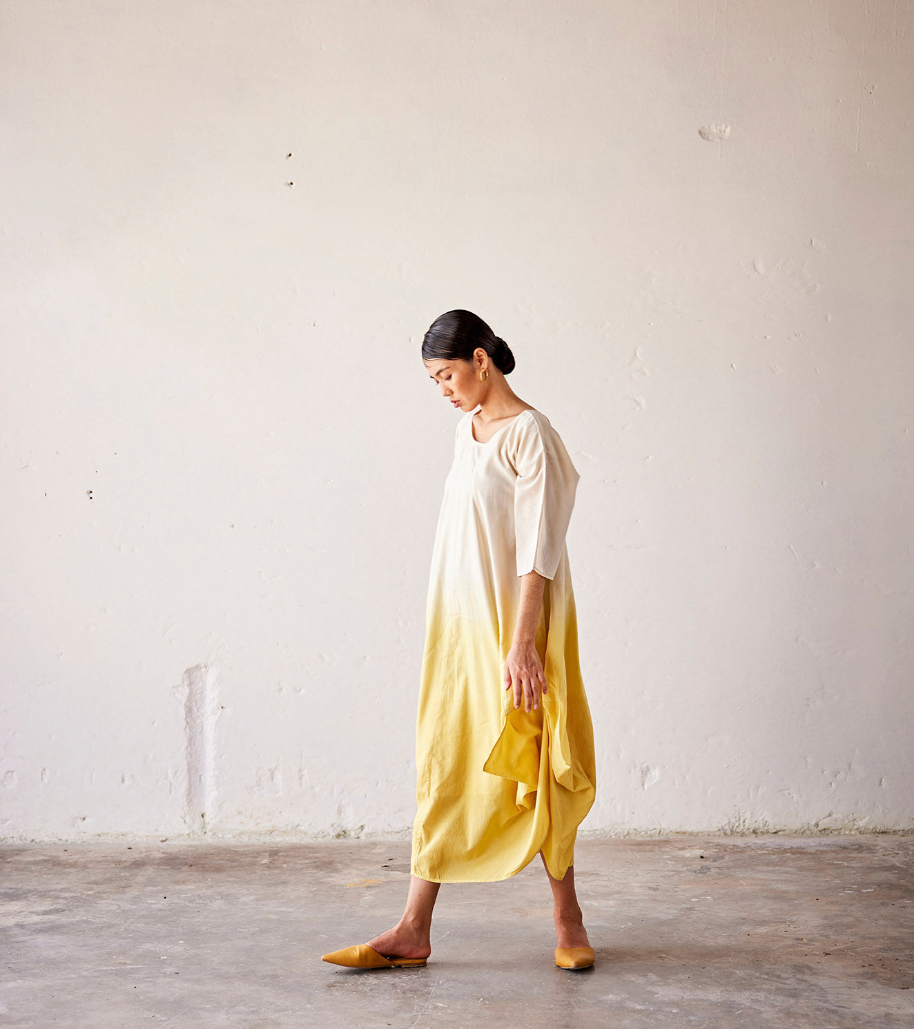 Yellow ombre Mulmul Cotton Dress by Khara Kapas with An Indian Summer, An Indian Summer by Khara Kapas, Casual Wear, Dresses, Mulmul cotton, Ombres & Dyes, Organic, Relaxed Fit, Womenswear, Yellow at Kamakhyaa for sustainable fashion