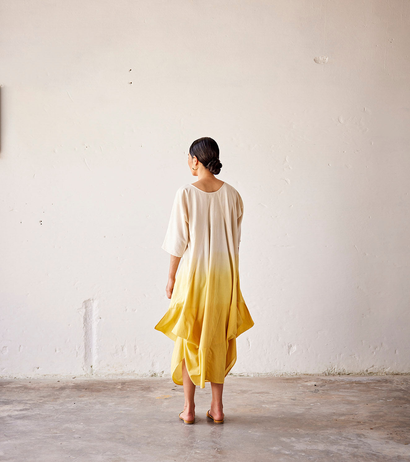 Yellow ombre Mulmul Cotton Dress by Khara Kapas with An Indian Summer, An Indian Summer by Khara Kapas, Casual Wear, Dresses, Mulmul cotton, Ombres & Dyes, Organic, Relaxed Fit, Womenswear, Yellow at Kamakhyaa for sustainable fashion