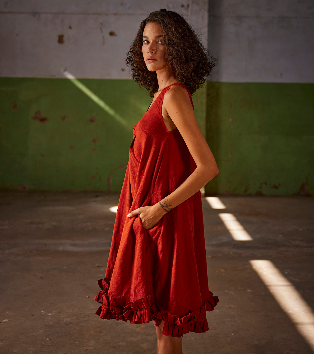 Red Flared Linen Dress by Khara Kapas with An Indian Summer, An Indian Summer by Khara Kapas, Casual Wear, Flared Dress, Linen, Organic, Red, Relaxed Fit, Solid, Womenswear at Kamakhyaa for sustainable fashion
