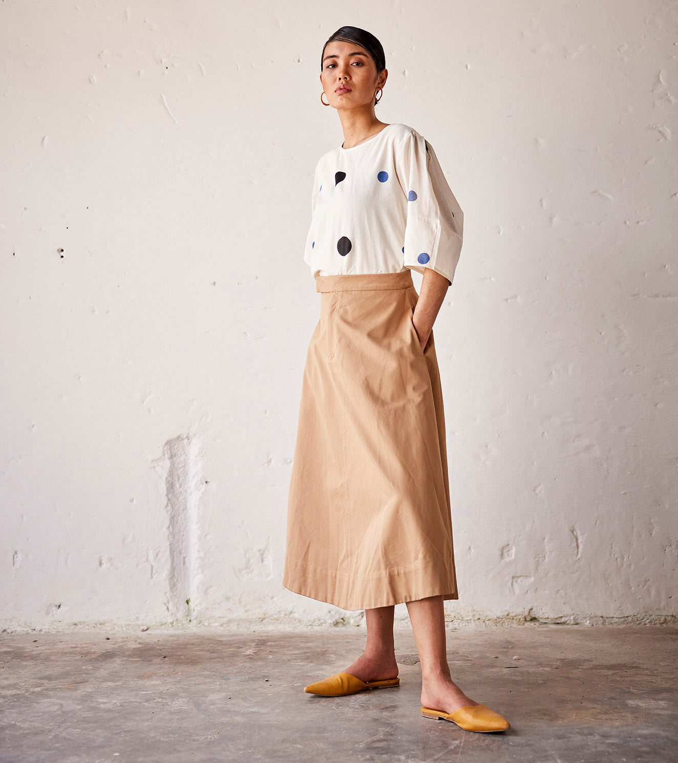 Brown Twill Midi Skirt by Khara Kapas with An Indian Summer, An Indian Summer by Khara Kapas, Casual Wear, Midi Skirt, Off White, Organic, Relaxed Fit, Solids, Twill, Womenswear at Kamakhyaa for sustainable fashion