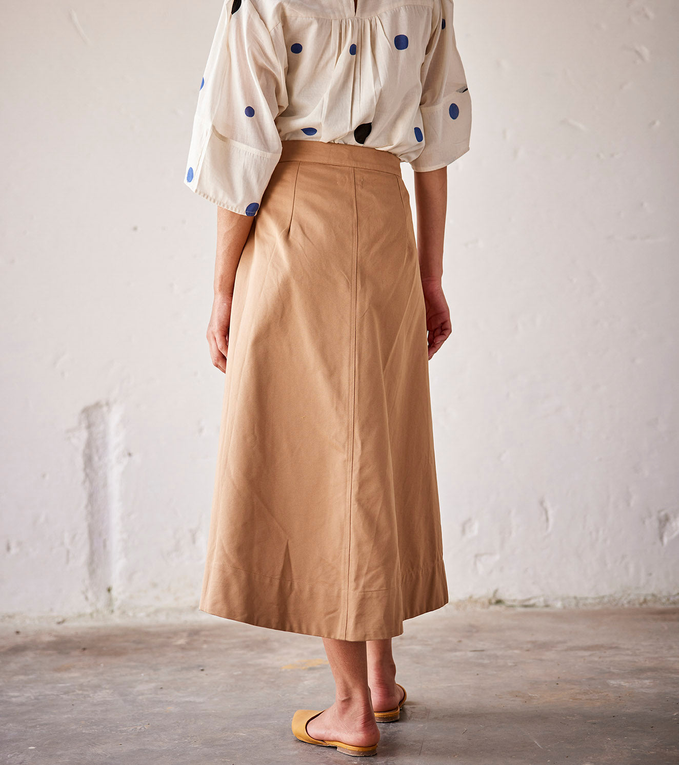 Brown Twill Midi Skirt by Khara Kapas with An Indian Summer, An Indian Summer by Khara Kapas, Casual Wear, Midi Skirt, Off White, Organic, Relaxed Fit, Solids, Twill, Womenswear at Kamakhyaa for sustainable fashion