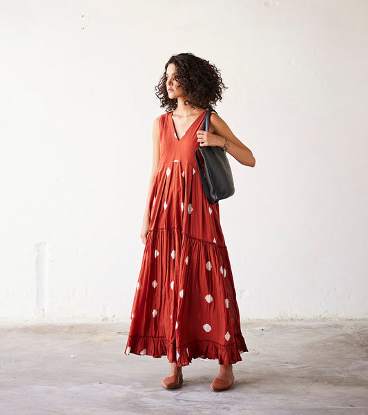 Red Shibori Printed Tiered Maxi Dress by Khara Kapas with An Indian Summer, An Indian Summer by Khara Kapas, Casual Wear, Maxi Dresses, Mul-Cotton, Ombres & Dyes, Organic, Red, Relaxed Fit, Womenswear at Kamakhyaa for sustainable fashion