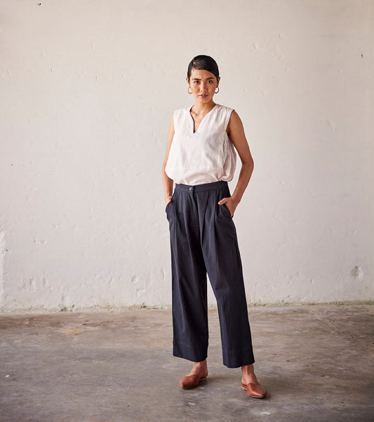 Black Cotton Twill Trouser by Khara Kapas with An Indian Summer, An Indian Summer by Khara Kapas, Black, Bottoms, Casual Wear, Natural, Regular Fit, Solids, Trousers, Womenswear at Kamakhyaa for sustainable fashion