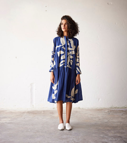 Blue Mulmul Lino Print Cotton Dress by Khara Kapas with An Indian Summer, An Indian Summer by Khara Kapas, Blue, Casual Wear, Dresses, Mul-Cotton, Organic, Prints, Relaxed Fit, Womenswear at Kamakhyaa for sustainable fashion