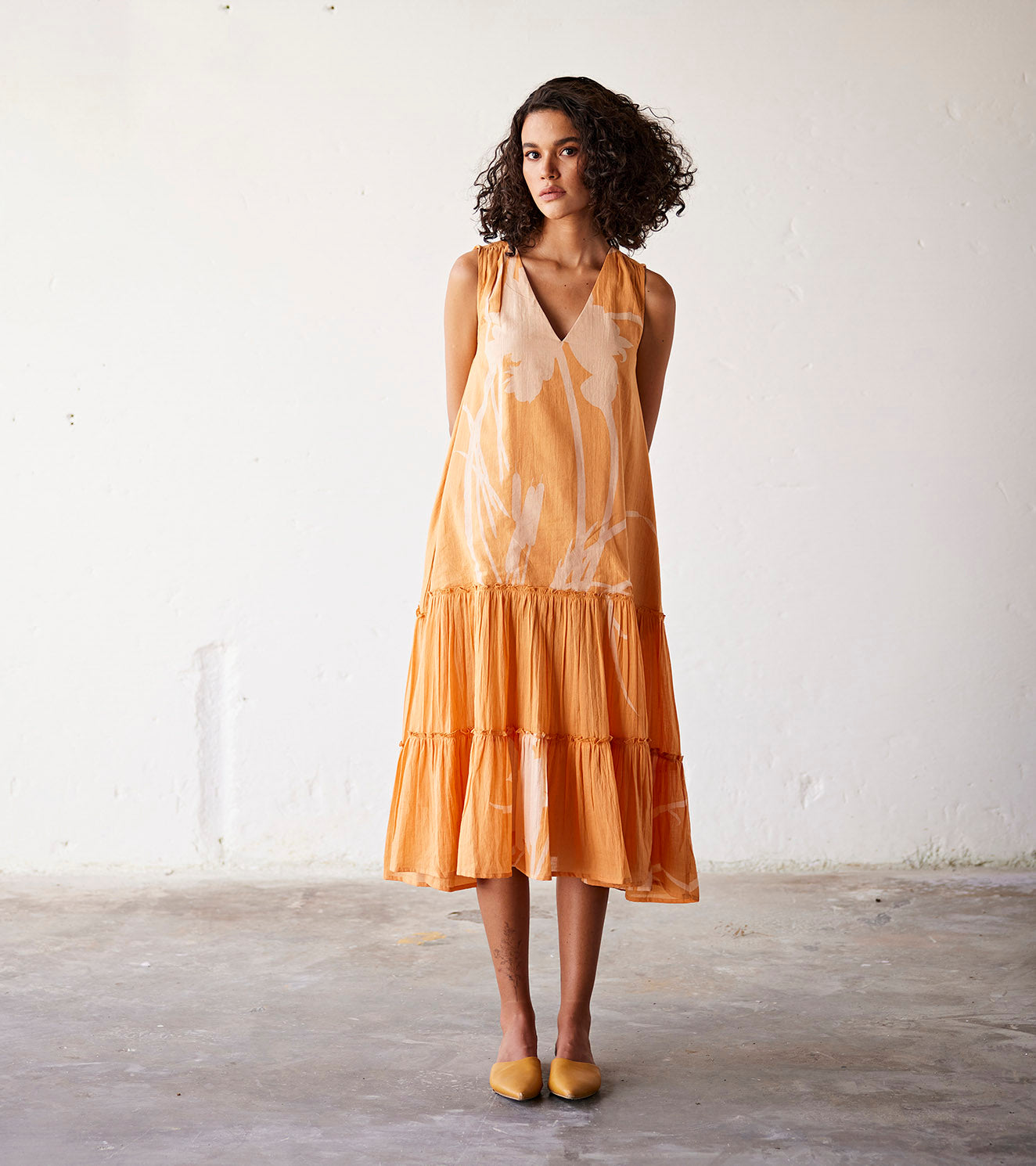 Yellow Orange Floral Printed Midi Dress by Khara Kapas with An Indian Summer, An Indian Summer by Khara Kapas, Casual Wear, Dresses, Mulmul cotton, Ombres & Dyes, Orange, Organic, Prints, Relaxed Fit, Womenswear, Yellow at Kamakhyaa for sustainable fashion