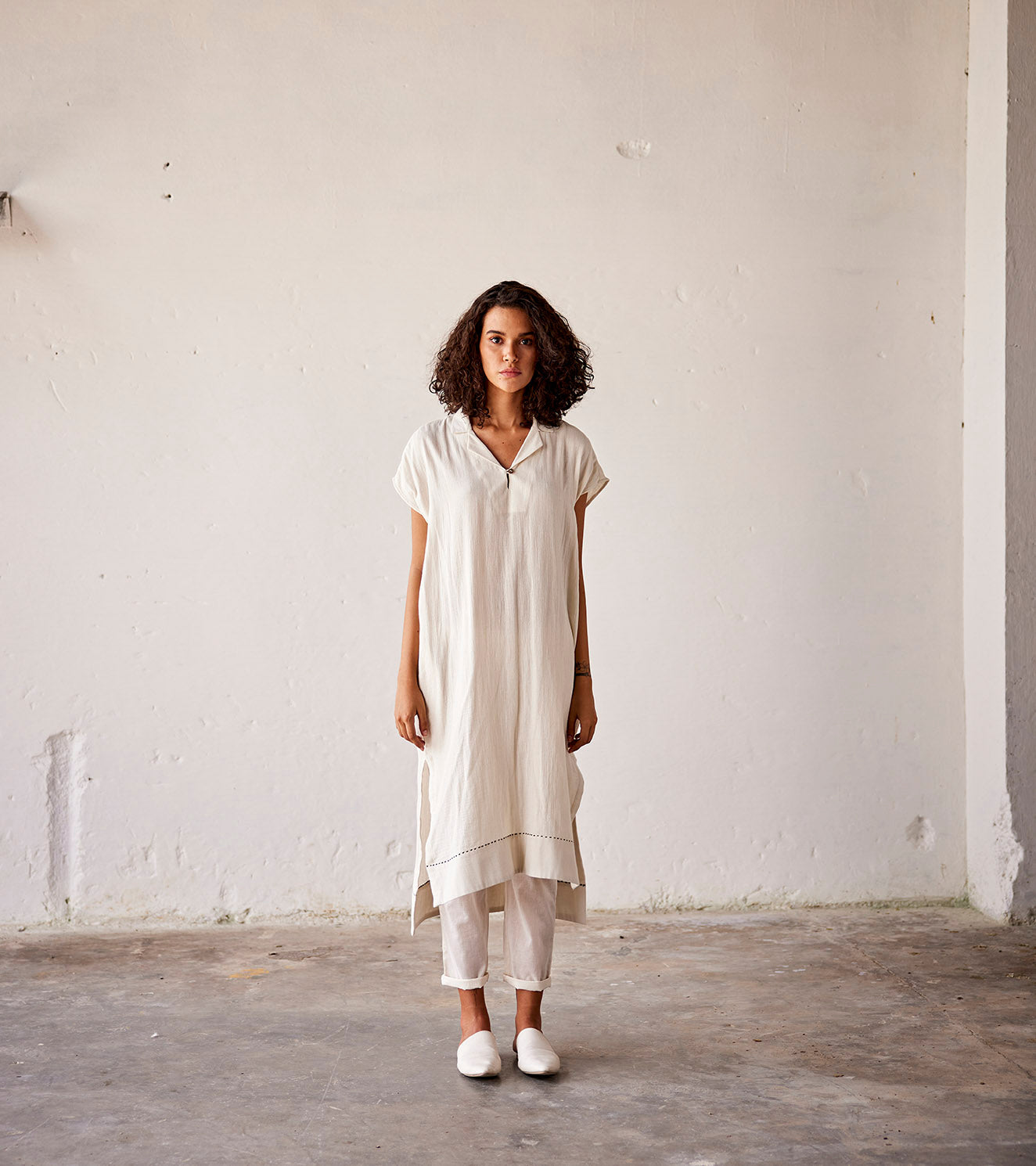 Off White Cotton Co-Ord Set by Khara Kapas with An Indian Summer, An Indian Summer by Khara Kapas, Casual Wear, Complete Sets, Gauge Cotton, Off White, Organic, Relaxed Fit, Solids, Womenswear at Kamakhyaa for sustainable fashion
