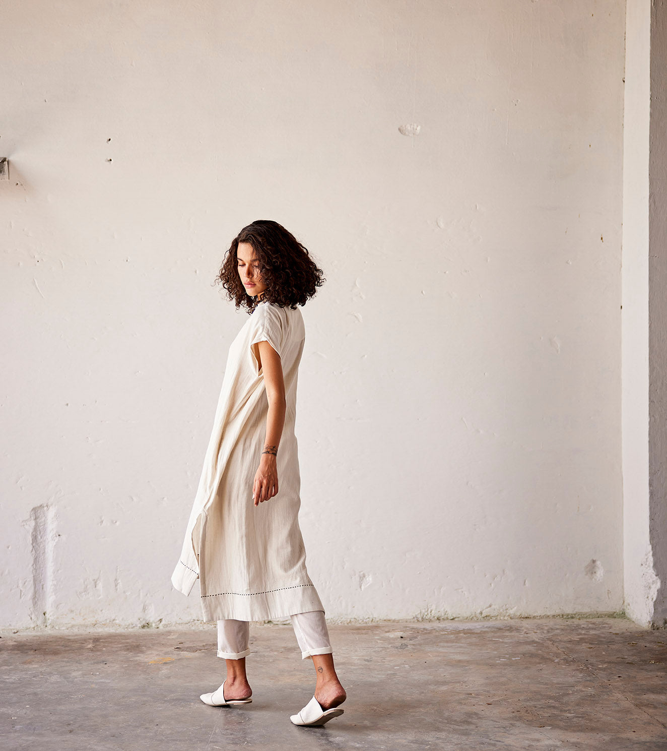 Off White Cotton Co-Ord Set by Khara Kapas with An Indian Summer, An Indian Summer by Khara Kapas, Casual Wear, Complete Sets, Gauge Cotton, Off White, Organic, Relaxed Fit, Solids, Womenswear at Kamakhyaa for sustainable fashion