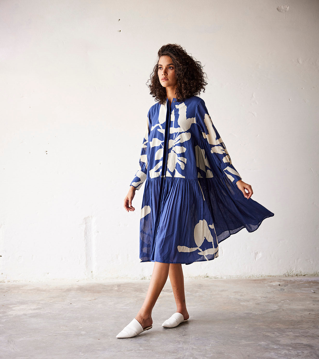 Blue Mulmul Lino Print Cotton Dress by Khara Kapas with An Indian Summer, An Indian Summer by Khara Kapas, Blue, Casual Wear, Dresses, Mul-Cotton, Organic, Prints, Relaxed Fit, Womenswear at Kamakhyaa for sustainable fashion