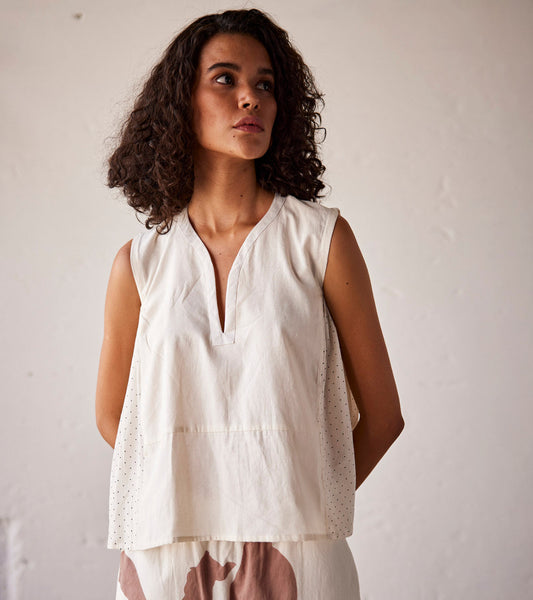 Off White Mulmul Blouse by Khara Kapas with An Indian Summer, An Indian Summer by Khara Kapas, Blouses, Casual Wear, Mulmul, Off White, Organic, Relaxed Fit, Solid, Womenswear at Kamakhyaa for sustainable fashion